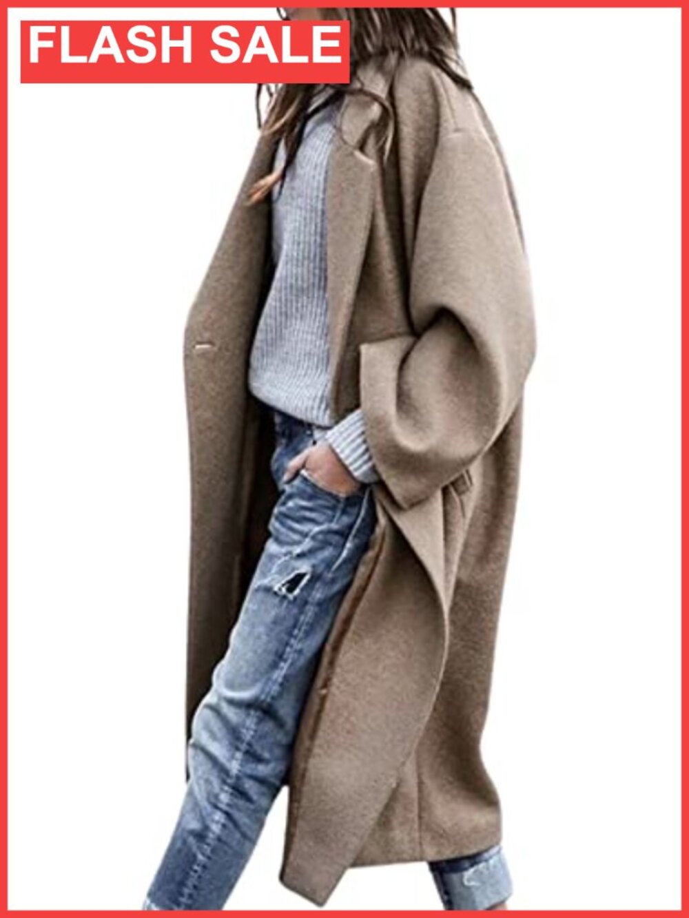 Women's Oversized Notched Collar Wool Blend Single Breast Midi Long Trench Coat